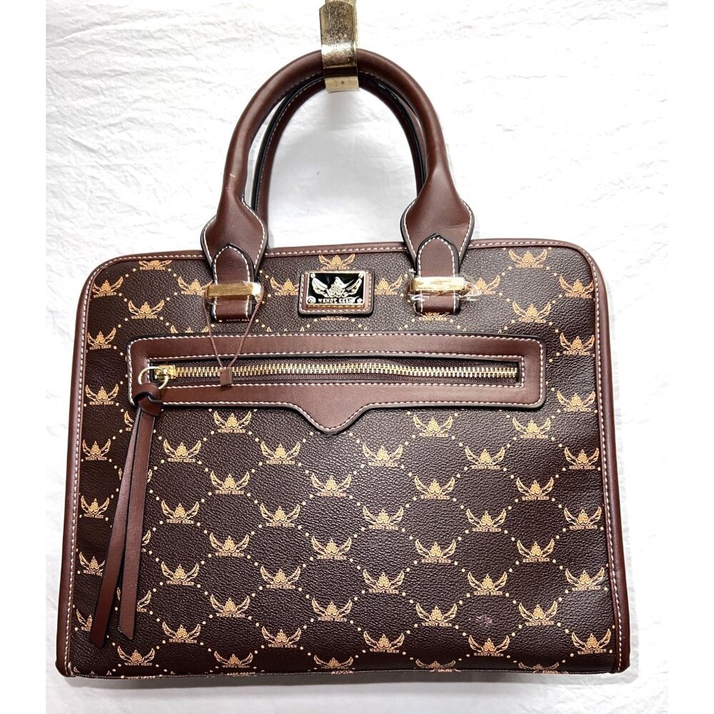 Wendy Keen Brown Logo Print Satchel Bag w Top Handles & Multiple Compartments